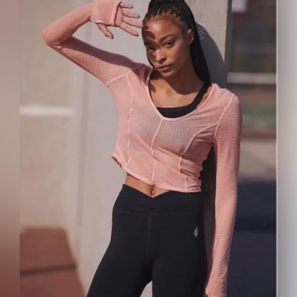 NWOT Free People Smooth Moves Mesh Peach Coverup Long Sleeve Top - Picture 1 of 11